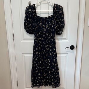 LC Lauren Conrad Navy Floral Puff Sleeve Square Neck Pleated Bodice Midi Dress